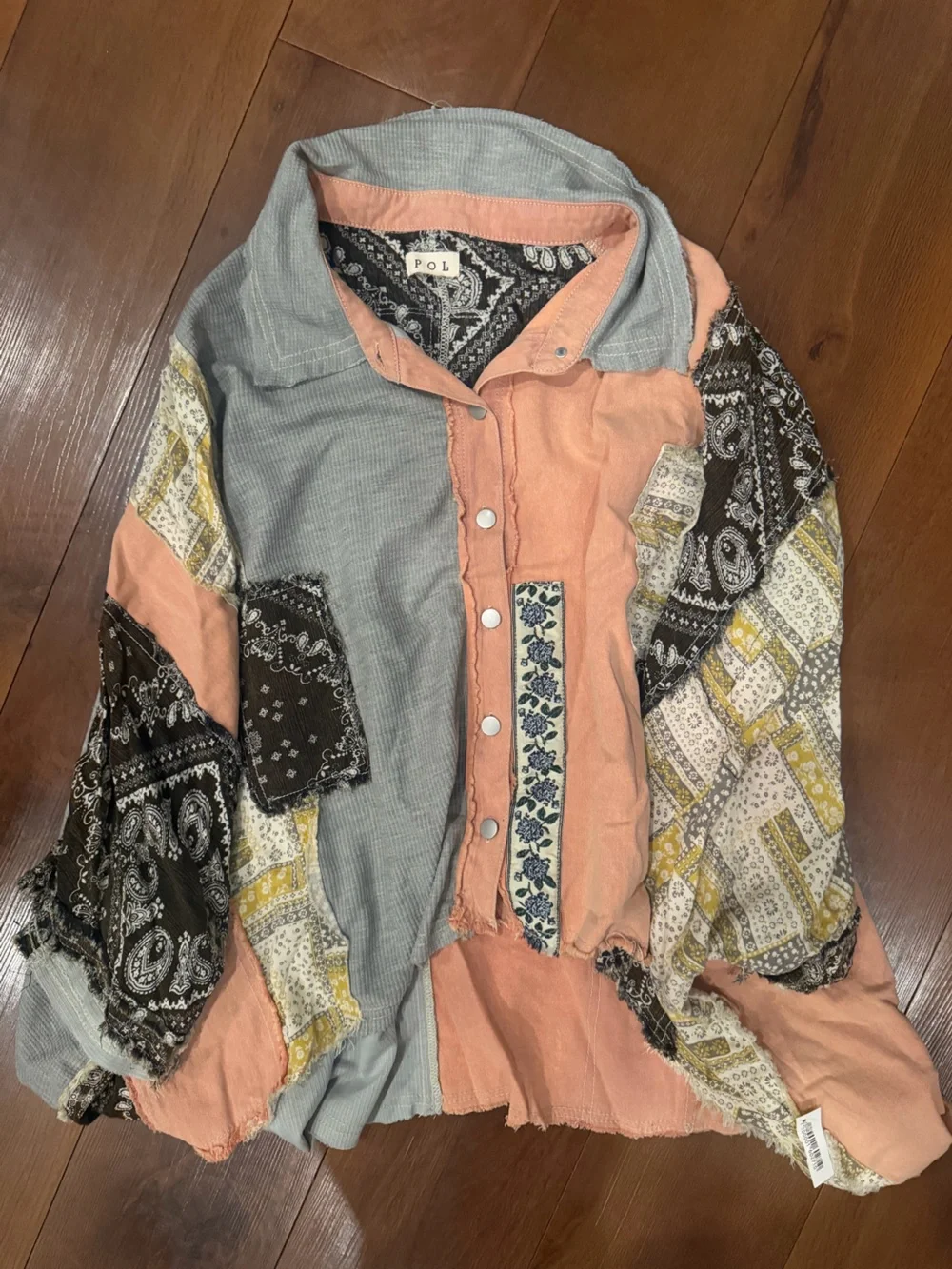 POL Patchwork Button-Down Shirt in Peach, Gray, Black, Yellow